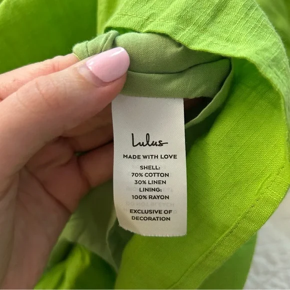 Lulus’ Dreamgirl Lime Green Pleated Tie-Shoulder Babydoll Linen Mini Dress - Picture 7 of 8